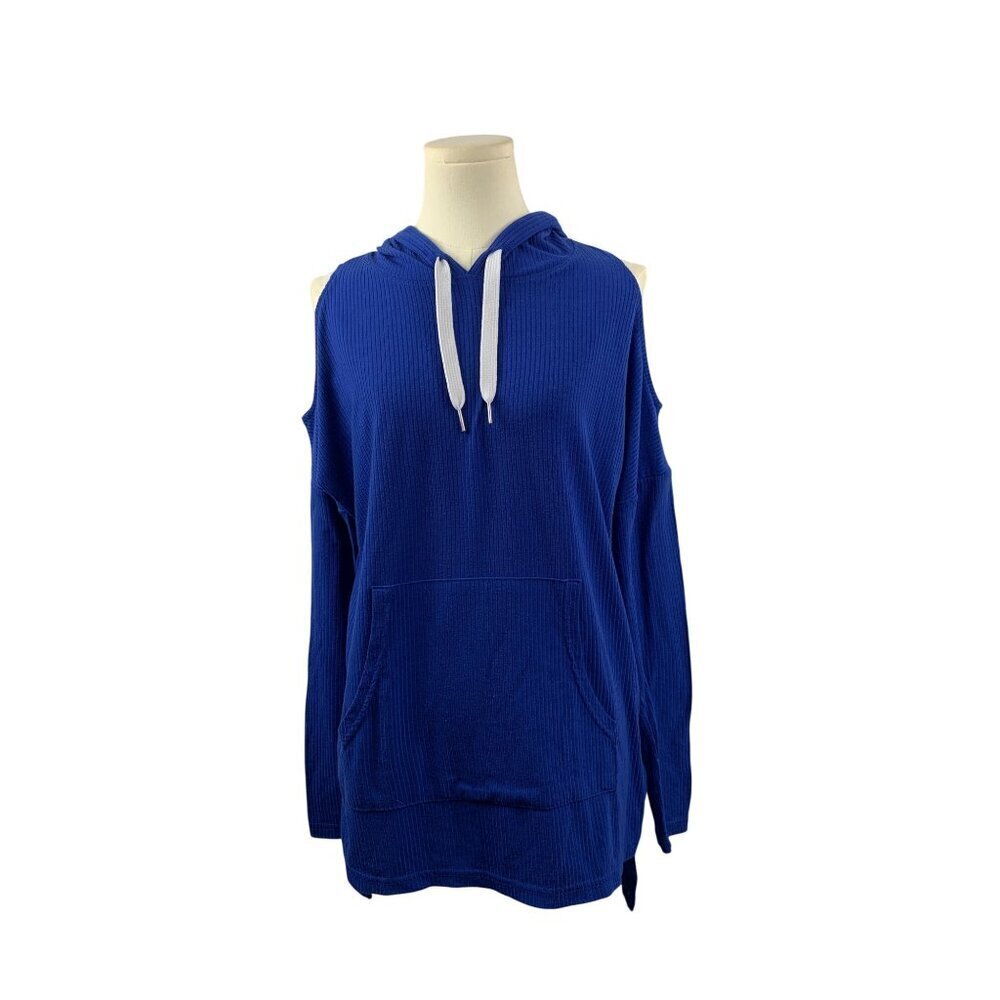 Warrior By Danica Patrick Blue Hooded Cold Shoulder Pullover W/Kangaroo Pocket